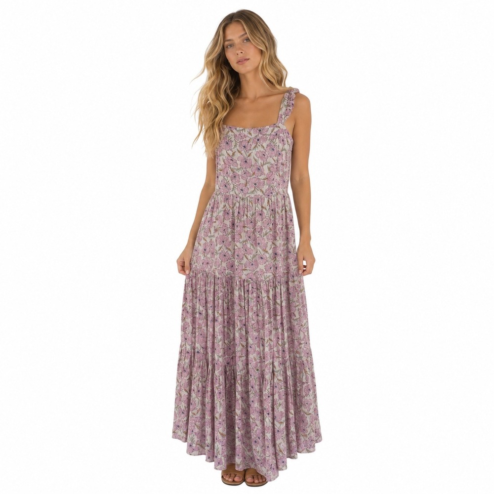 Haute Hippie Floral Tiered Maxi Dress L Cottagecore Prairie Boho Romantic Flowy